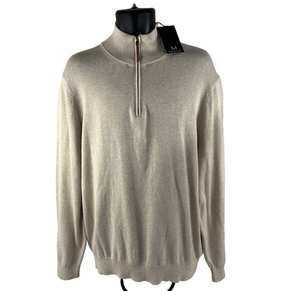 New Mens Magaschoni 1/4 Zip Pullover Sweater Size XL NWT Cotton Acrylic Tan - Picture 1 of 7